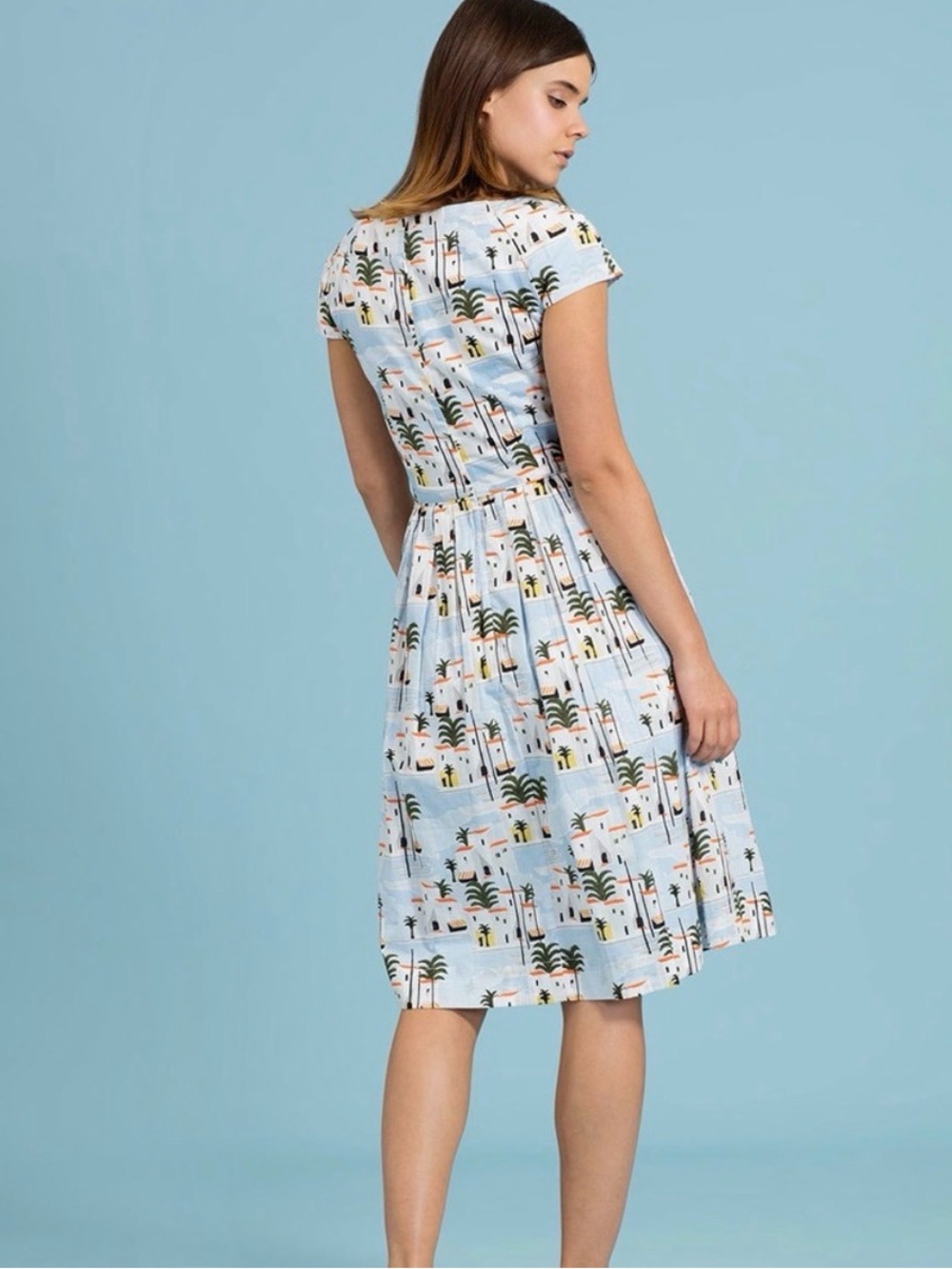 Modcloth Light Blue Palm & House Midi Dress - Picture 2 of 8